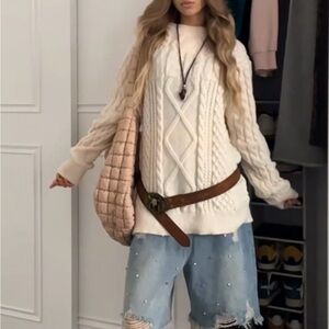 Aelfric Eden Cream Solid Cable Knit Crewneck Sweater, NWT, Large